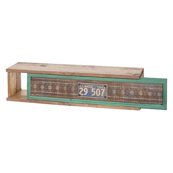 Wandregal 65x16x13cm Tanne Holz massiv Vintage Patchwork Hängeregal Regal -  - Rustikale Konsole aus recyceltem Holz mit patinierter türkisgrüner Schnitzplatte und einem Vintage-Illinois-Kennzeichen von 1949.