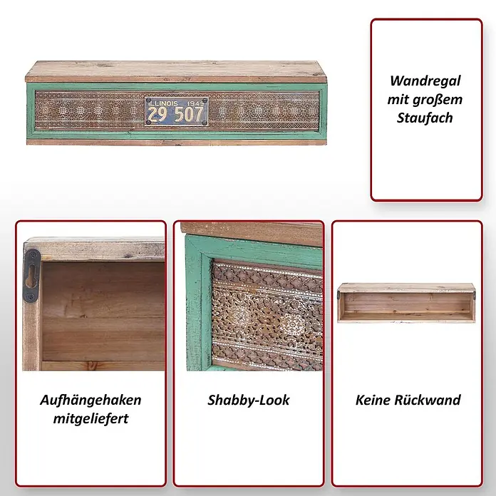 Wandregal 65x16x13cm Tanne Holz massiv Vintage Patchwork Hängeregal Regal -  - Wandregal aus Holz im Shabby-Chic-Stil mit Illinois 1949 Kennzeichen, großem Fach, Aufhängehaken und ohne Rückwand.