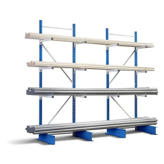 Kragarmregal MAXIMUS Doppelseitig 200x80x50cm 80kg Lichtblau/-grau -  - Blau-weißes Kragarmregal mit mehreren Reihen heller und dunkelgrauer Rohre.