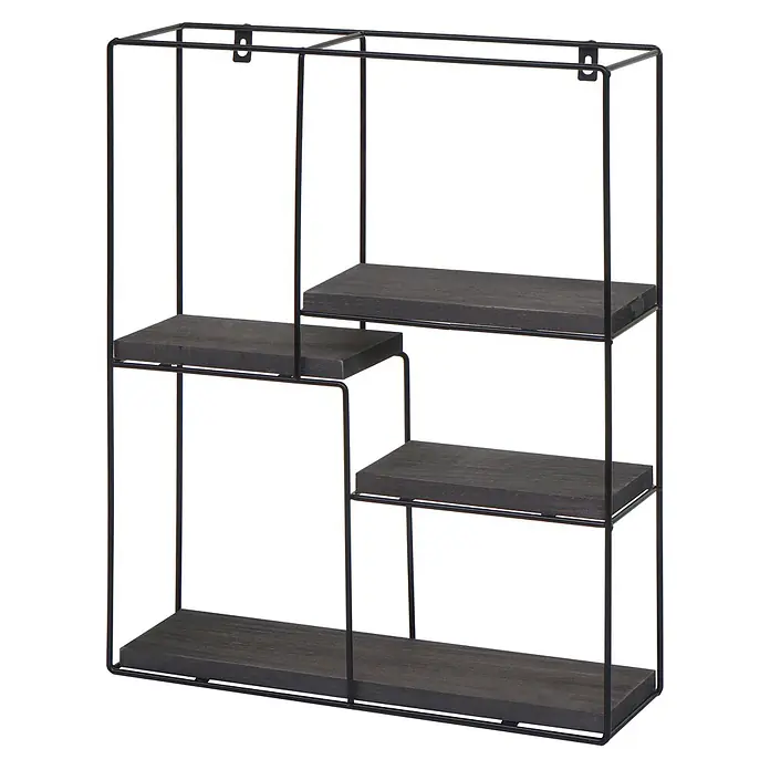 Wandregal rechteckig 51x40x11cm 4 Regalböden Metall Massiv-Holz Dunkelgrau -  - Schwarzes Metall-Wandregal mit dunklen Holzablagen und asymmetrischem Design.