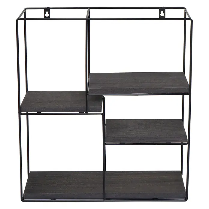 Wandregal rechteckig 51x40x11cm 4 Regalböden Metall Massiv-Holz Dunkelgrau -  - Schwarzes Metall- und dunkles Holz-Wandregal mit mehreren Fächern zur Präsentation und Aufbewahrung.