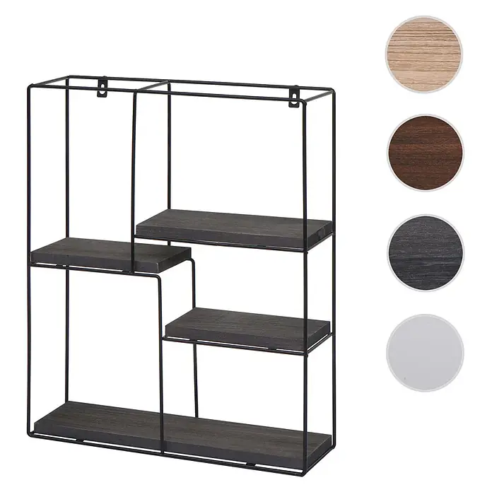 Wandregal rechteckig 51x40x11cm 4 Regalböden Metall Massiv-Holz Dunkelgrau -  - Schwarzes Metall-Wandregal mit dunklen Holzregalböden, vier Fächern und zwei Aufhängevorrichtungen oben.