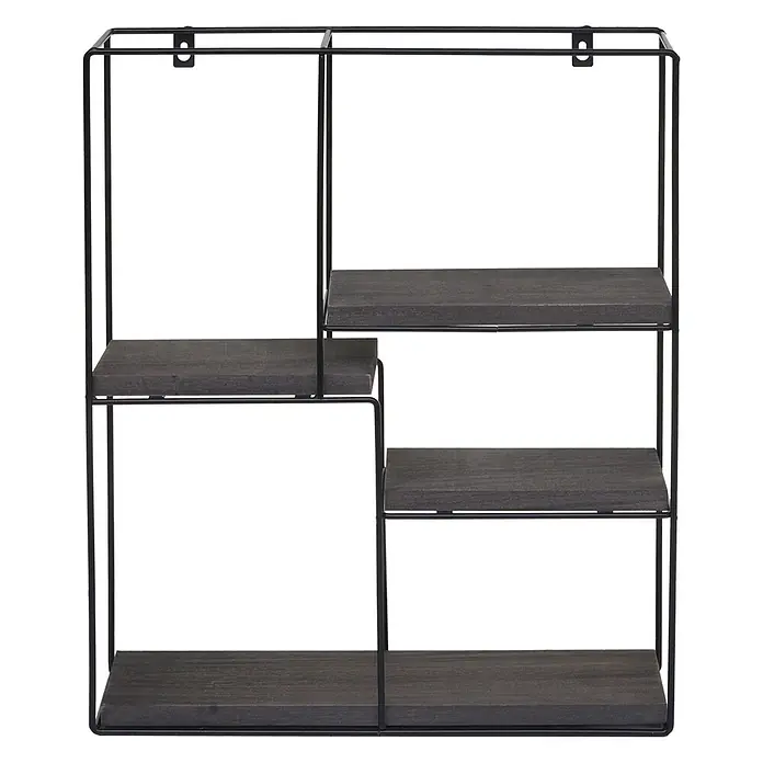 Wandregal rechteckig 51x40x11cm 4 Regalböden Metall Massiv-Holz Dunkelgrau -  - Asymmetrisches Wandregal mit schwarzem Metallrahmen und dunkelbraunen Holzoptik-Böden zur Wandmontage.
