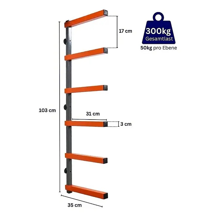 Kragarmregal Wandmontage 50 kg  6 Ebenen Wandregal Grau-Orange 2 Stück -  - Wandmontiertes Lagerregal mit sechs orangefarbenen, horizontalen Tragarmen an einem grauen Vertikalrahmen zur organisierten Lagerung.
