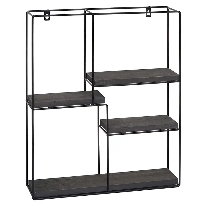 Wandregal rechteckig 51x40x11cm 4 Regalböden Metall Massiv-Holz Dunkelgrau -  - Asymmetrisches schwarzes Metall-Wandregal mit dunklen Holzablagen.