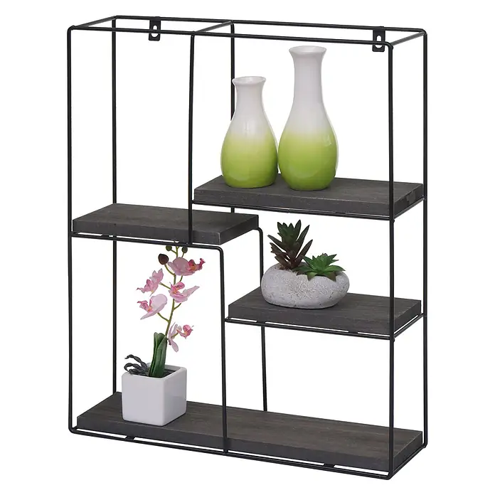 Wandregal rechteckig 51x40x11cm 4 Regalböden Metall Massiv-Holz Dunkelgrau -  - Schwarzes Metall-Wandregal mit dunklen Holzregalböden, dekoriert mit grünen Vasen, einer Orchidee und einer Sukkulente.