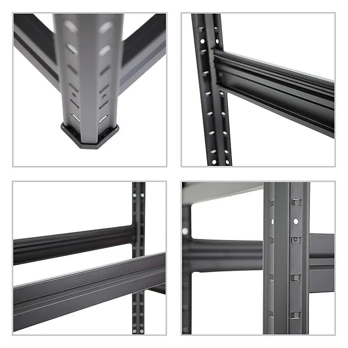 Reifenregal DINO 180x120x50cm 150kg 3 Ebenen Schwarz -  - Dunkelgraues Metallregal, Detailaufnahmen der perforierten Lochprofile und Träger.