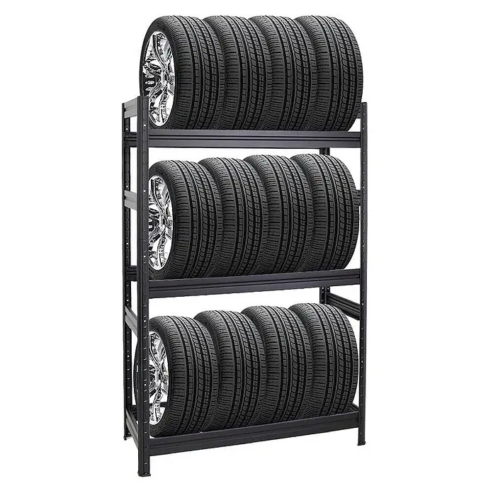 Reifenregal DINO 180x120x50cm 150kg 3 Ebenen Schwarz -  - Schwarzes Reifenregal aus Metall mit drei Ebenen, jede mit vier Reifen mit Chromfelgen.