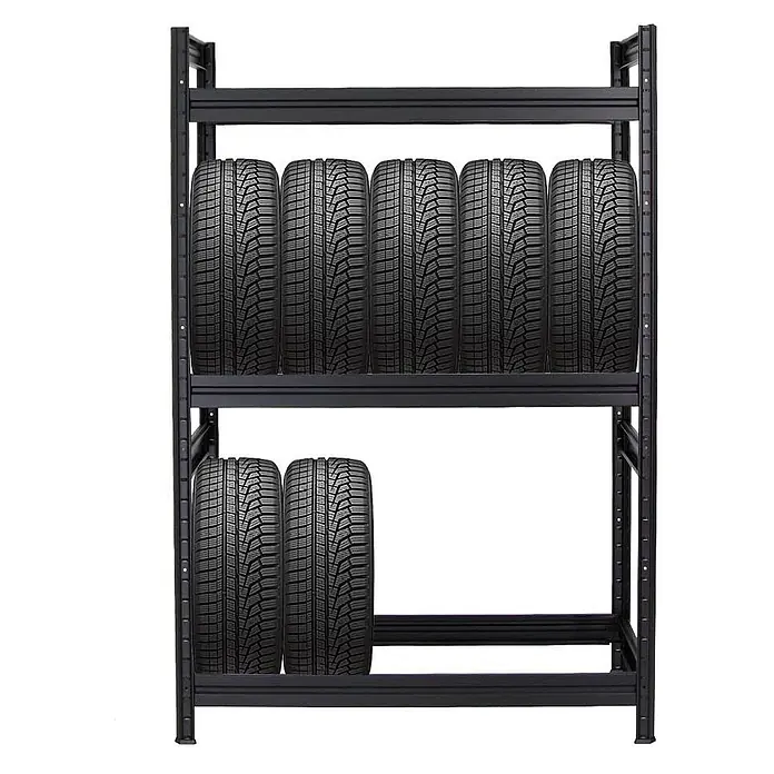 Reifenregal DINO 180x120x50cm 150kg 3 Ebenen Schwarz -  - Schwarzes Metall-Reifenregal mit mehreren Autoreifen.