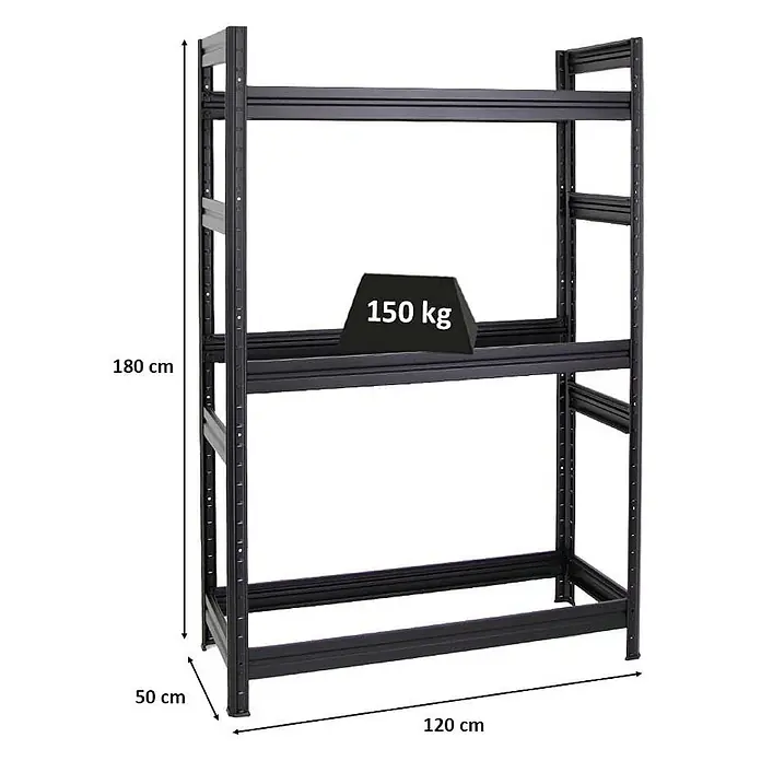Reifenregal DINO 180x120x50cm 150kg 3 Ebenen Schwarz -  - Schwarzes Schwerlast-Metallregal mit 3 Fachböden, 180x120x50 cm. Jeder Boden trägt 150 kg.