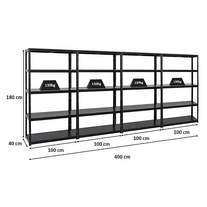 MegaDeal 4x Schwerlastregal Steel Eagle 180x100x40cm 130kg Schwarz -  - Schwarzes Metallregal, 180x400x40 cm, 5 Böden pro Sektion, je 130 kg Traglast. Ideal für schwere Lasten.