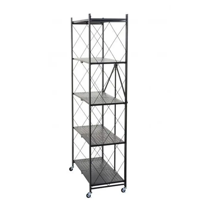 KLAP klappbares Regal auf Rollen 5 Fachböden HxBxT 167x72x34cm Schwarz -  - Schwarzes klappbares Metallregal mit 5 perforierten Ablagen und Rollen.