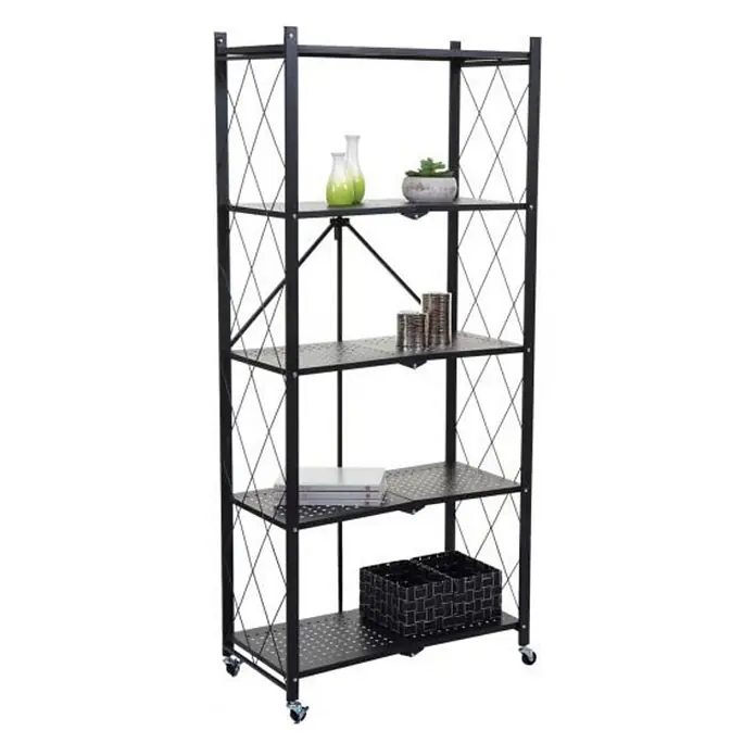 KLAP klappbares Regal auf Rollen 5 Fachböden HxBxT 167x72x34cm Schwarz -  - Schwarzes Metall-Klappregal mit perforierten Böden, rautenförmigen Seiten und Rollen für vielseitige Aufbewahrung.