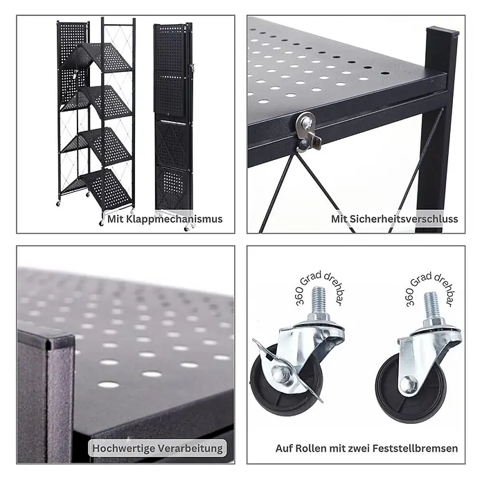 KLAP klappbares Regal auf Rollen 5 Fachböden HxBxT 167x72x34cm Schwarz -  - Schwarzes klappbares Metallregal mit Lochböden, Sicherheitsverschluss und feststellbaren Rollen.