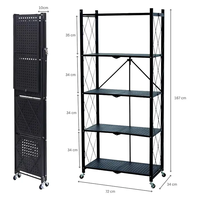 KLAP klappbares Regal auf Rollen 5 Fachböden HxBxT 167x72x34cm Schwarz -  - Schwarzes, faltbares Metallregal mit 5 gelochten Böden und Rollen, zusammengeklappt und ausgeklappt mit Maßen.