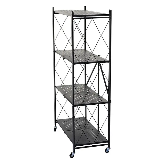 KLAP klappbares Regal auf Rollen 4 Fachböden HxBxT 127x72x34cm Schwarz -  - Schwarzes klappbares Metallregal mit vier perforierten Böden und Rollen.