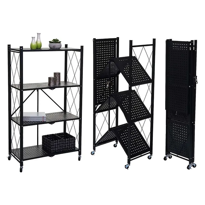KLAP klappbares Regal auf Rollen 4 Fachböden HxBxT 127x72x34cm Schwarz -  - Schwarzes Metall-Klappregal mit perforierten Böden und Rollen, offen, teilweise und vollständig zusammengeklappt für vielseitige Lagerung.