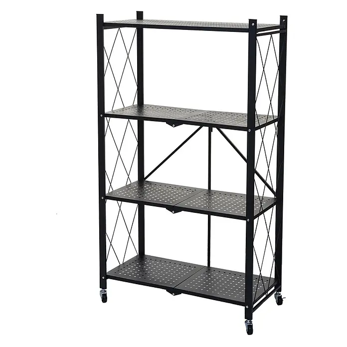 KLAP klappbares Regal auf Rollen 4 Fachböden HxBxT 127x72x34cm Schwarz -  - Schwarzes 4-stöckiges Metallregal, zusammenklappbar, mit perforierten Böden und Rollen.