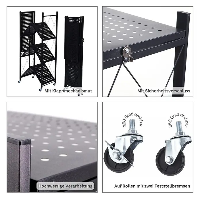 KLAP klappbares Regal auf Rollen 4 Fachböden HxBxT 127x72x34cm Schwarz -  - Schwarzes Metall-Klappregal mit Rollen und Sicherheitsverschluss.