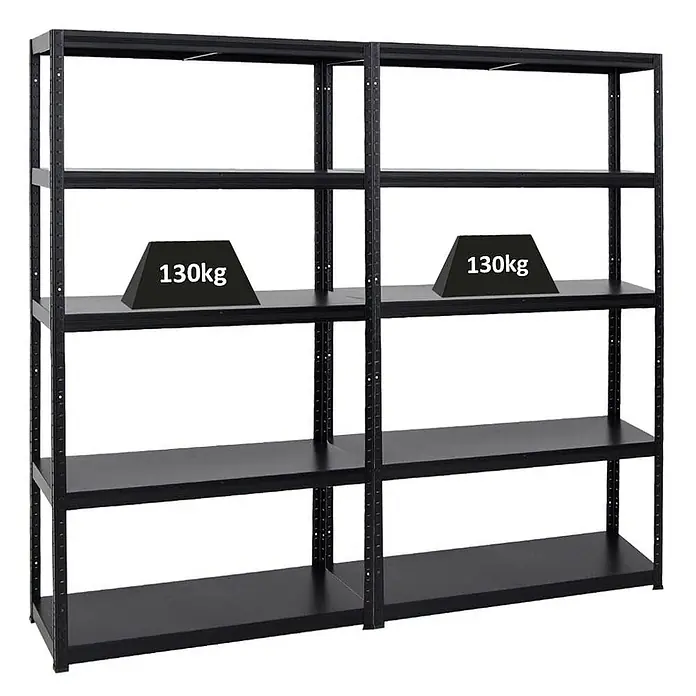 MegaDeal 2x Schwerlastregal Steel Eagle 180x100x40cm 130kg Schwarz -  - Zwei schwarze Hochleistungs-Metallregale, jedes mit 5 Böden, gezeigt mit 130kg Traglast auf einem Boden.