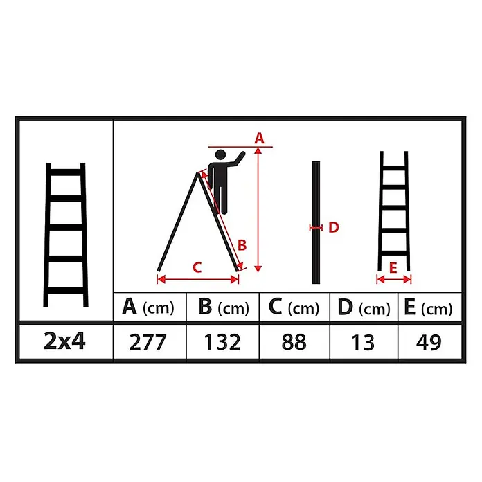 Wood Double Giraffe Holz-Sprossen-Stehleiter 2x4 Sprossen 132cm -  - Technische Zeichnung einer Leiter mit Maßen A, B, C, D, E für verschiedene Konfigurationen und einer Tabelle der spezifischen Werte.