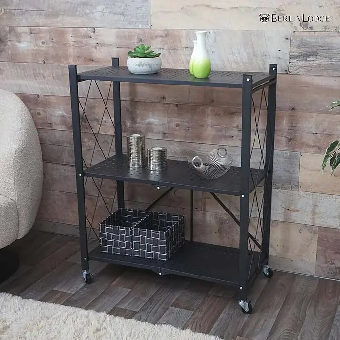 KLAP klappbares Regal auf Rollen 3 Fachböden HxBxT 87x72x34cm Schwarz -  - Dunkelgraues, faltbares 3-stöckiges Metallregal auf Rollen mit gelochten Böden, mit Deko.