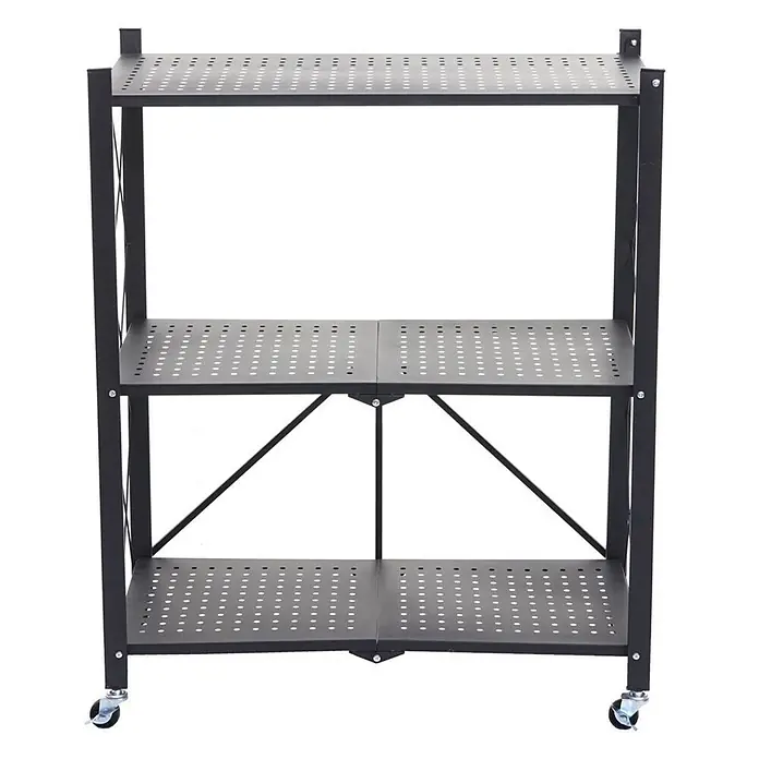 KLAP klappbares Regal auf Rollen 3 Fachböden HxBxT 87x72x34cm Schwarz -  - Schwarzes 3-stöckiges Metallklappregal mit gelochten Böden und Rollen.