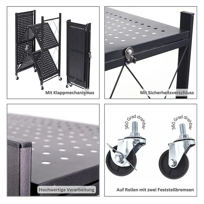 KLAP klappbares Regal auf Rollen 3 Fachböden HxBxT 87x72x34cm Schwarz -  - Schwarzes klappbares Metallregal auf 360-Grad-Lenkrollen mit Feststellbremsen. Verfügt über perforierte Böden und einen Sicherheitsverschluss.