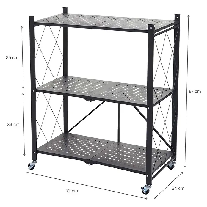 KLAP klappbares Regal auf Rollen 3 Fachböden HxBxT 87x72x34cm Schwarz -  - Mobiles, schwarzes Metall-Klappregal mit 3 perforierten Ablagen und Rollen.