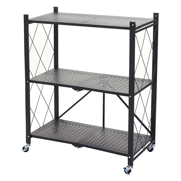KLAP klappbares Regal auf Rollen 3 Fachböden HxBxT 87x72x34cm Schwarz -  - Schwarzes 3-stöckiges faltbares Metallregal mit perforierten Böden und Rollen für vielseitige Aufbewahrung.