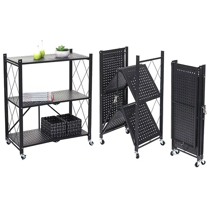 KLAP klappbares Regal auf Rollen 3 Fachböden HxBxT 87x72x34cm Schwarz -  - Schwarzes faltbares Metallregal mit drei Etagen und Rollen, zusammengebaut, teilweise und vollständig gefaltet dargestellt.