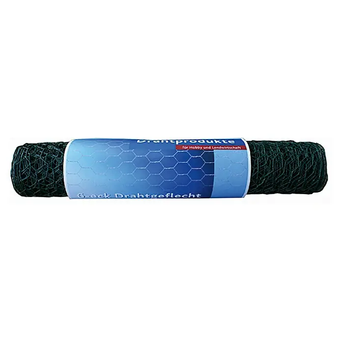 Stabilit Drahtgeflecht - 10 x 1 m, Maschenweite: 25 mm, Grün, Pulverbeschichtet - Eine Rolle grüner Sechseck-Drahtgeflechtzaun, ideal für Hobby und Landwirtschaft, verpackt in einer blauen Banderole.