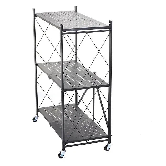 KLAP klappbares Regal auf Rollen 3 Fachböden HxBxT 87x72x34cm Schwarz -  - Dreistufiges dunkelgraues Metallregal mit perforierten Böden und Rollen, klappbares Design mit Kreuzstreben.