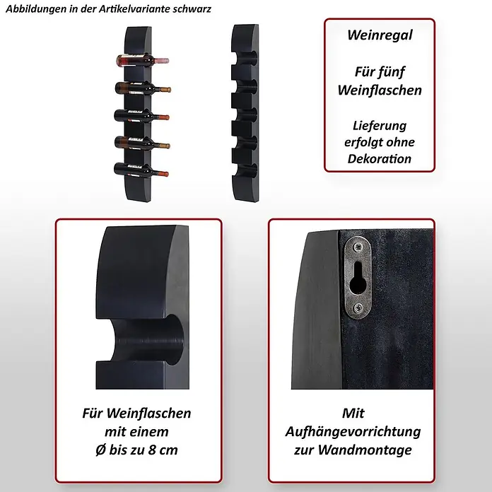 Weinregal für 5 Flaschen 99x13x9cm Schwarz Flaschenregal Wandregal - 