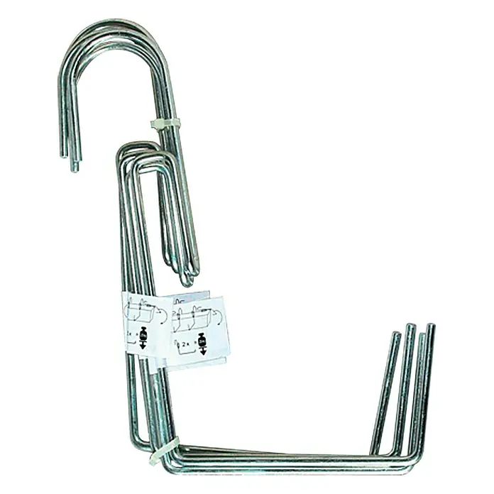 Geli Soporte para plantas de balcón - Apto para: Jardineras, Número de componentes: 1 ud. - Un primer plano de accesorios colgantes de metal, atados cuidadosamente con bridas, diseñados para suspender varios artículos.