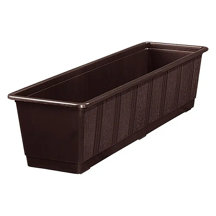 Geli Standard Balkonkasten - Max. Außenlänge: 60 cm, Braun - Nahaufnahme eines braunen, länglichen Pflanzkastens mit Rippenmuster, ideal für Balkon oder Garten.