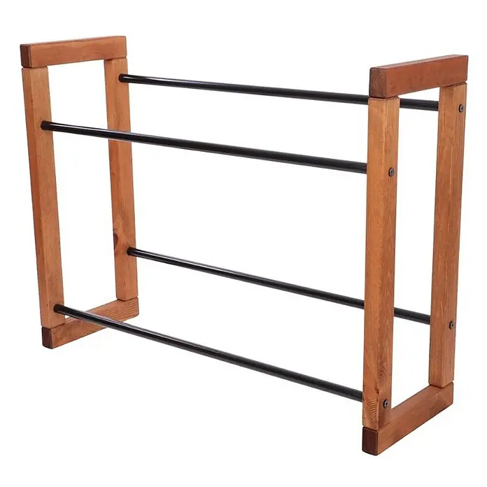 Getränkekistenregal HARZ 85x112x35cm 6 Kisten auf 2 Ebenen Braun geölt -  - Schuhregal aus hellbraunem Holz mit vier schwarzen Metallstangen.
