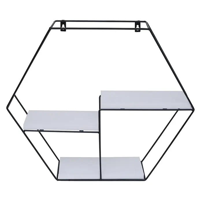 Wandregal 43x49x11cm 3 Regalböden Metall Massiv-Holz Weiß Hängeregal -  - Sechseckiges Wandregal mit schwarzem Metallrahmen und drei weißen Ablagen.