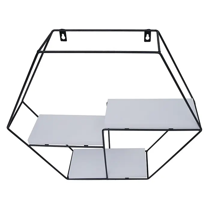 Wandregal 43x49x11cm 3 Regalböden Metall Massiv-Holz Weiß Hängeregal -  - Sechseckiges Wandregal mit schwarzem Metallrahmen und drei weißen Holzablagen zur Dekoration.