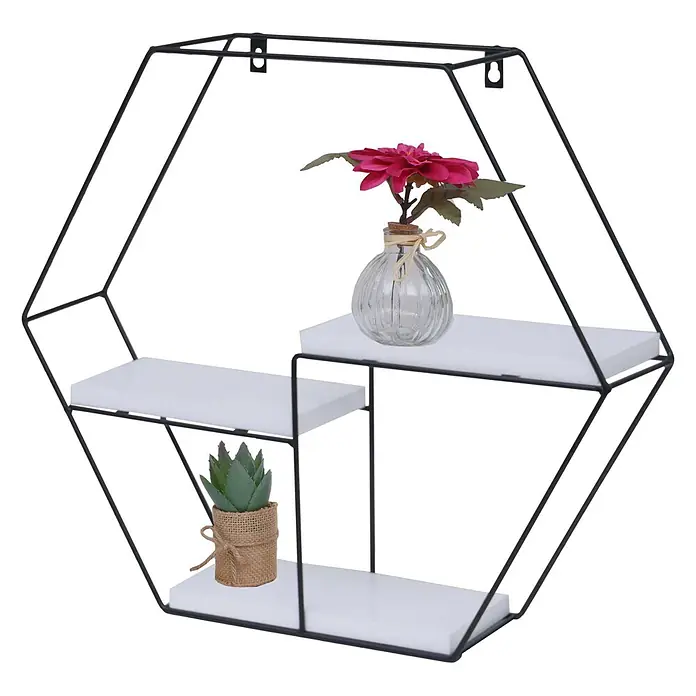Wandregal 43x49x11cm 3 Regalböden Metall Massiv-Holz Weiß Hängeregal -  - Schwarzes Metall-Wandregal in Hexagonform mit drei weißen Ablagen, dekoriert mit Blume und Sukkulente.