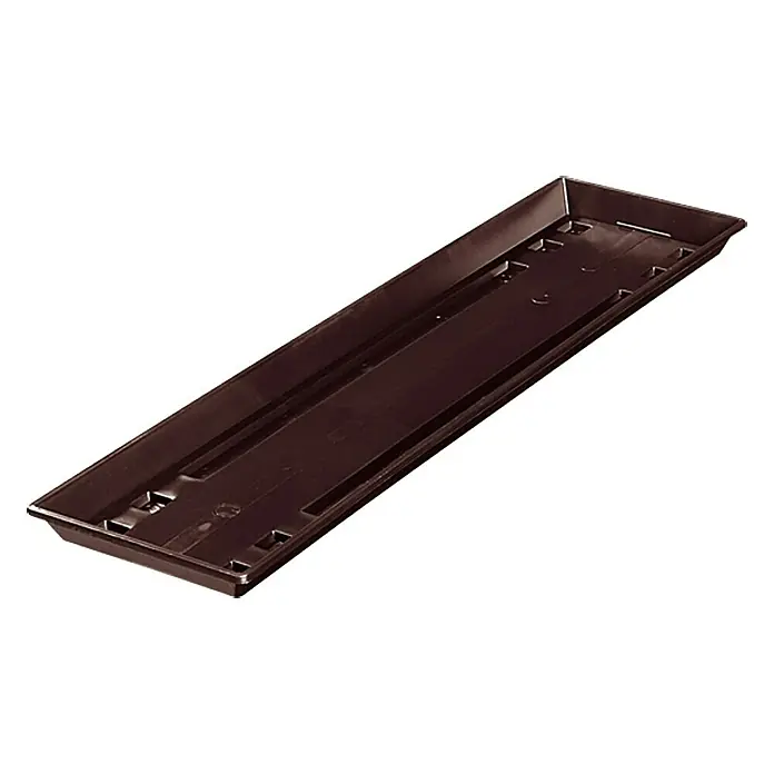 Geli Standard Balkonkasten-Untersetzer - Länge: 60 cm, Braun - Eine braune Pflanzgefäß-Untersetzer ist auf einem weißen Hintergrund abgebildet, ideal zum Auffangen von überschüssigem Wasser.