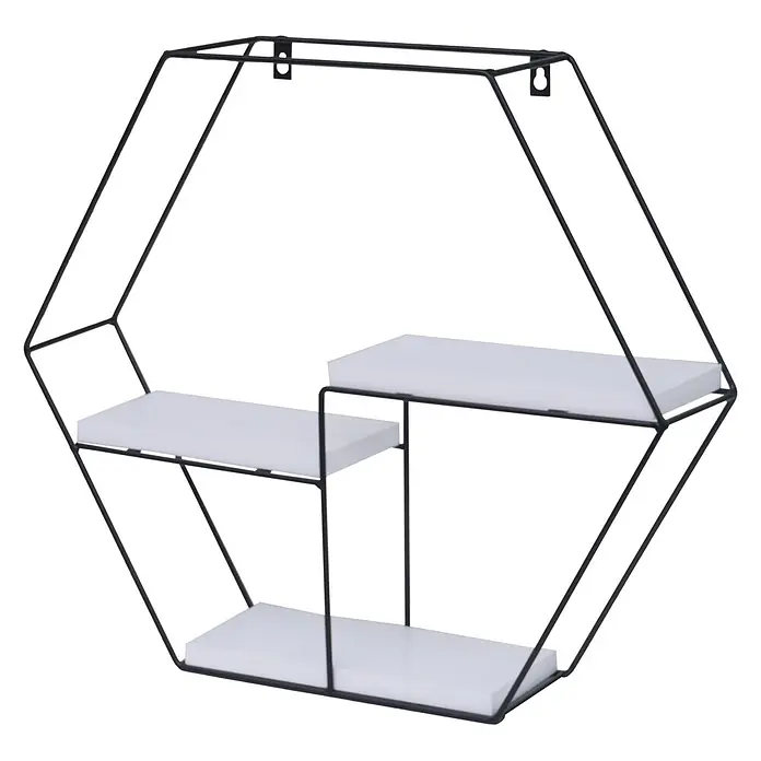 Wandregal 43x49x11cm 3 Regalböden Metall Massiv-Holz Weiß Hängeregal -  - Sechseckiges Wandregal mit schwarzem Metallrahmen und drei weißen Ablagen.