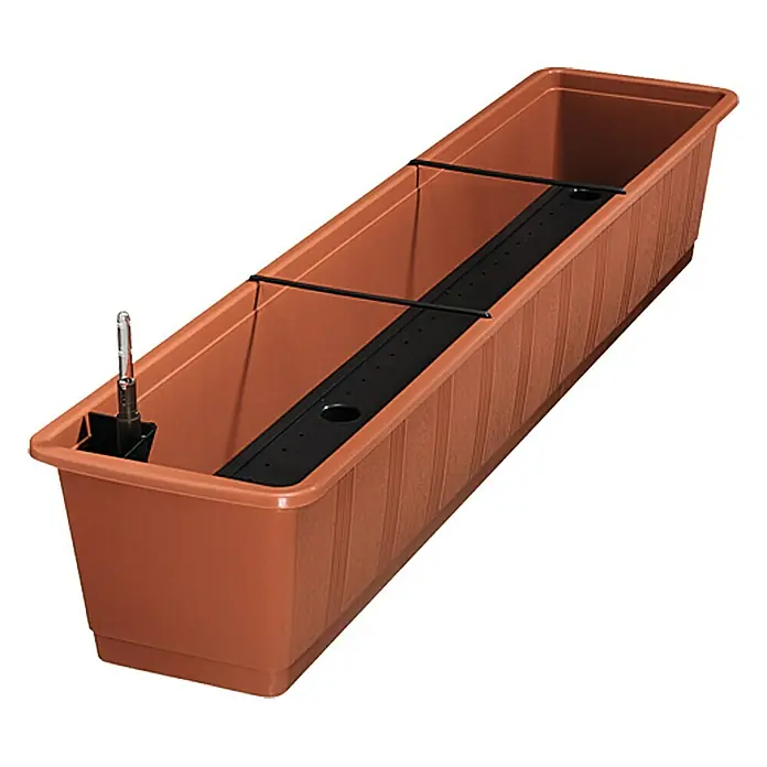 Geli Aqua Green Plus Bewässerungsbalkonkasten - Max. Außenlänge: 100 cm, Terracotta - Länglicher Pflanzkasten aus Terrakotta mit Bewässerungssystem und schwarzer Trennwand für den Innen- und Außenbereich.
