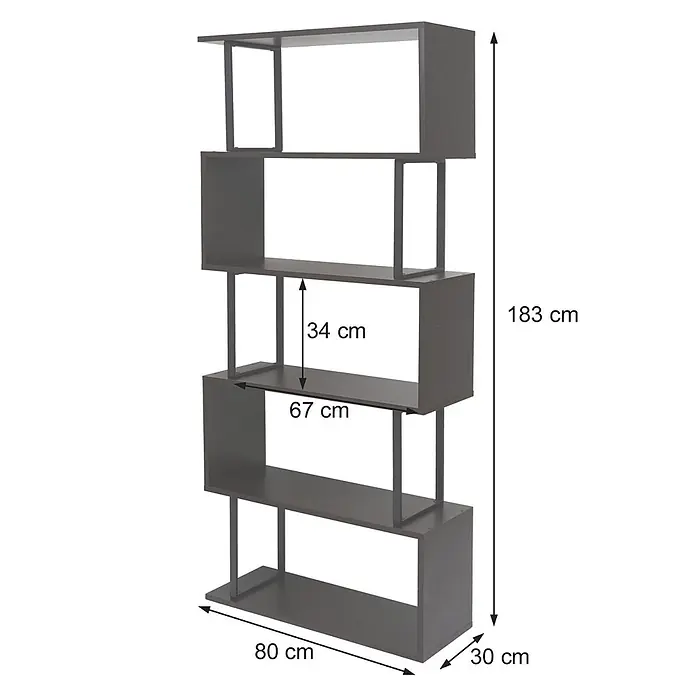 Bücherregal 183x80x30cm 3D-Struktur 5 Ebenen Dunkelbraun Metall Schwarz -  - Moderner anthrazitfarbener Bücherschrank mit einzigartigen versetzten Regalen und offenen Fächern.
