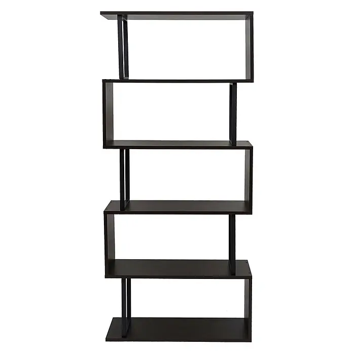 Bücherregal 183x80x30cm 3D-Struktur 5 Ebenen Dunkelbraun Metall Schwarz -  - Dunkelbraunes S-förmiges Bücherregal mit schwarzen Metallstützen, das gestaffelte Ablageflächen bietet.