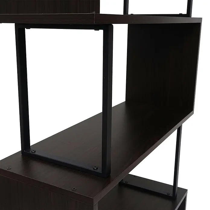 Bücherregal 183x80x30cm 3D-Struktur 5 Ebenen Dunkelbraun Metall Schwarz -  - Dunkelbraunes Regal in Holzoptik mit schwarzen Metallstützen und offenem, geometrischem Design.