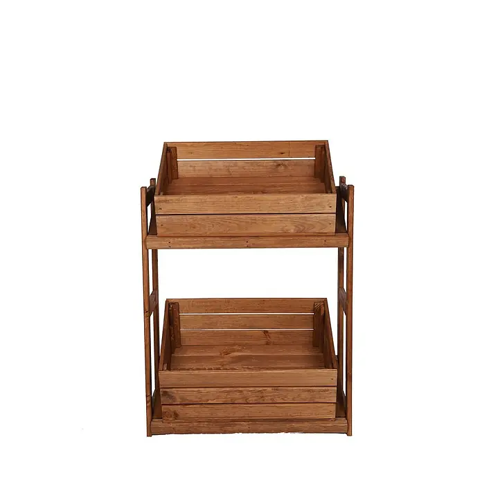 Getränkekistenregal SPREEWALD 86x70x33cm 2 Ebenen Braun geölt -  - Zweistöckiger brauner Holzständer mit geneigten oberen und unteren Kisten für Lagerung oder Einzelhandel.