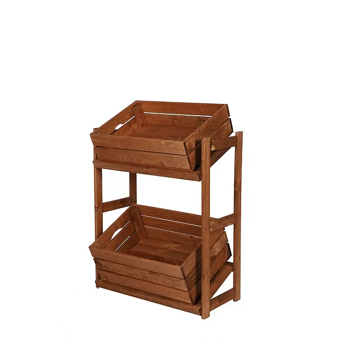 Getränkekistenregal SPREEWALD 86x70x33cm 2 Ebenen Braun geölt -  - Zweistufiges braunes Holzregal mit schrägen Kisten für Handel oder Obst/Gemüse.