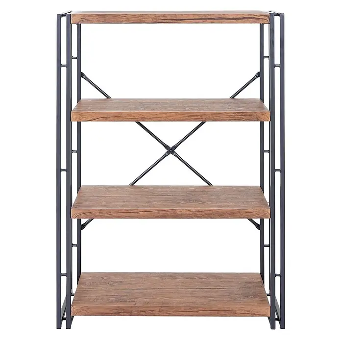 Bücherregal 121x80x30cm Standregal 3D-Struktur 4 Ebenen Wildeiche-Optik -  - Vierstufiges Bücherregal im Industriestil mit dunklem Metallrahmen und rustikalen Holzregalböden.