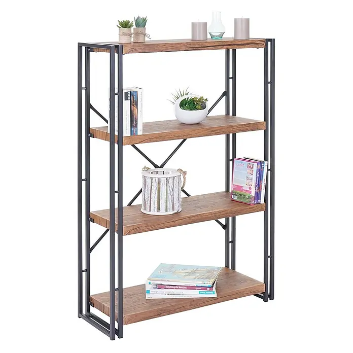 Bücherregal 121x80x30cm Standregal 3D-Struktur 4 Ebenen Wildeiche-Optik -  - Bücherregal im Industrial-Stil mit dunklem Metallrahmen und vier rustikalen braunen Holzablagen, dekoriert mit Büchern und Dekoartikeln.